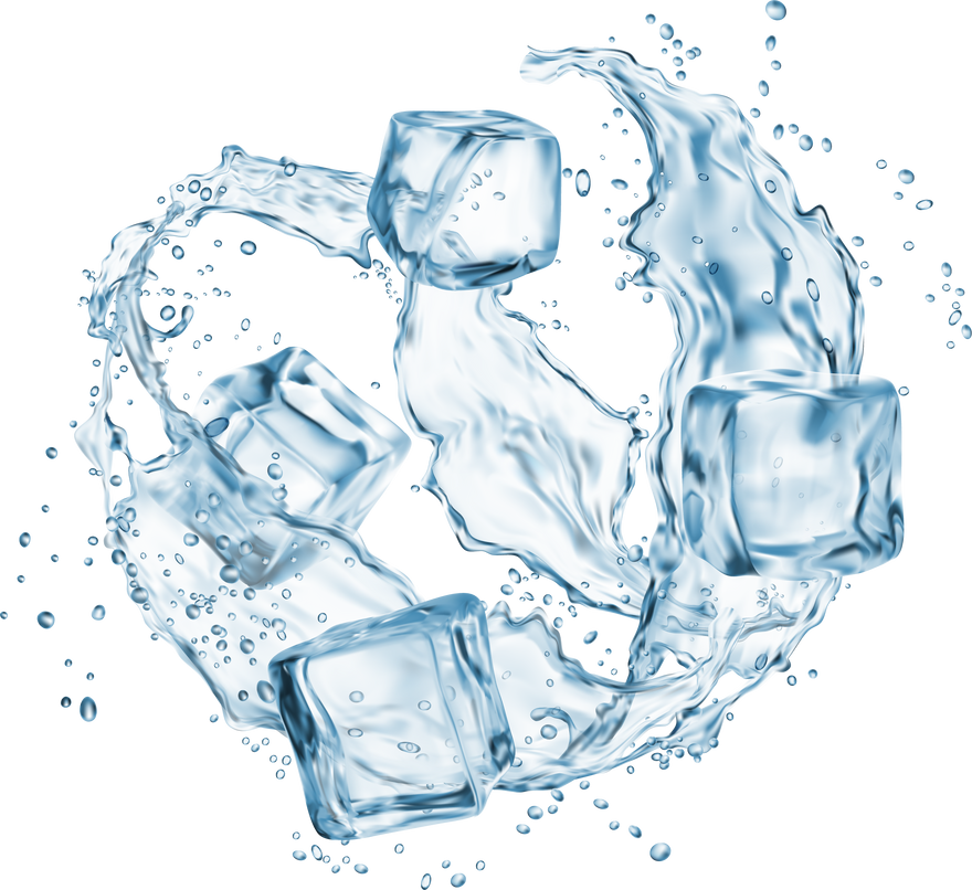 Liquid blue water splash, ice cubes and drops